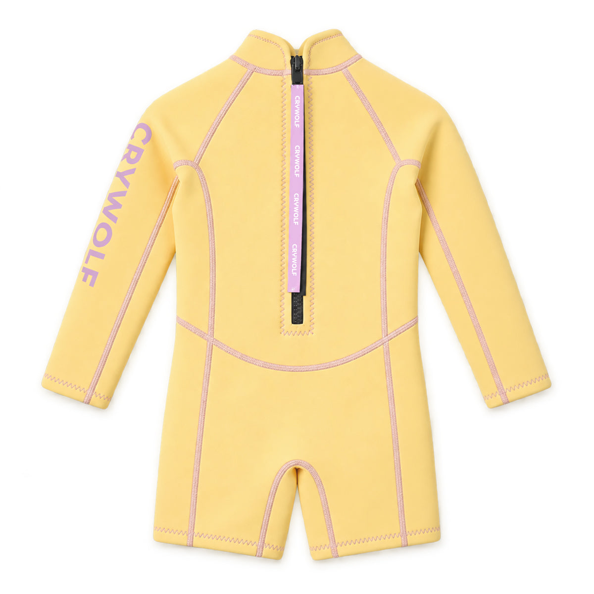 Crywolf kids long sleeve wetsuit in Sundaze, back view showing the YKK zip