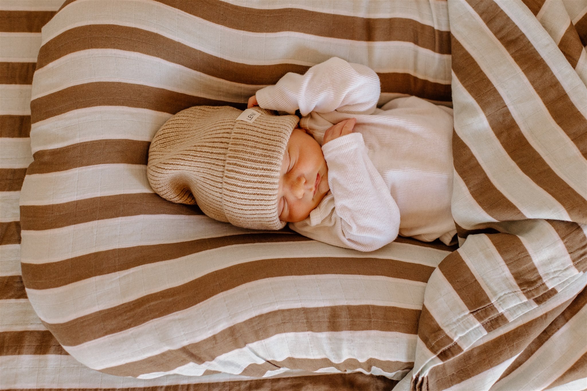 leni the label fitted muslin sheet in hank stripe