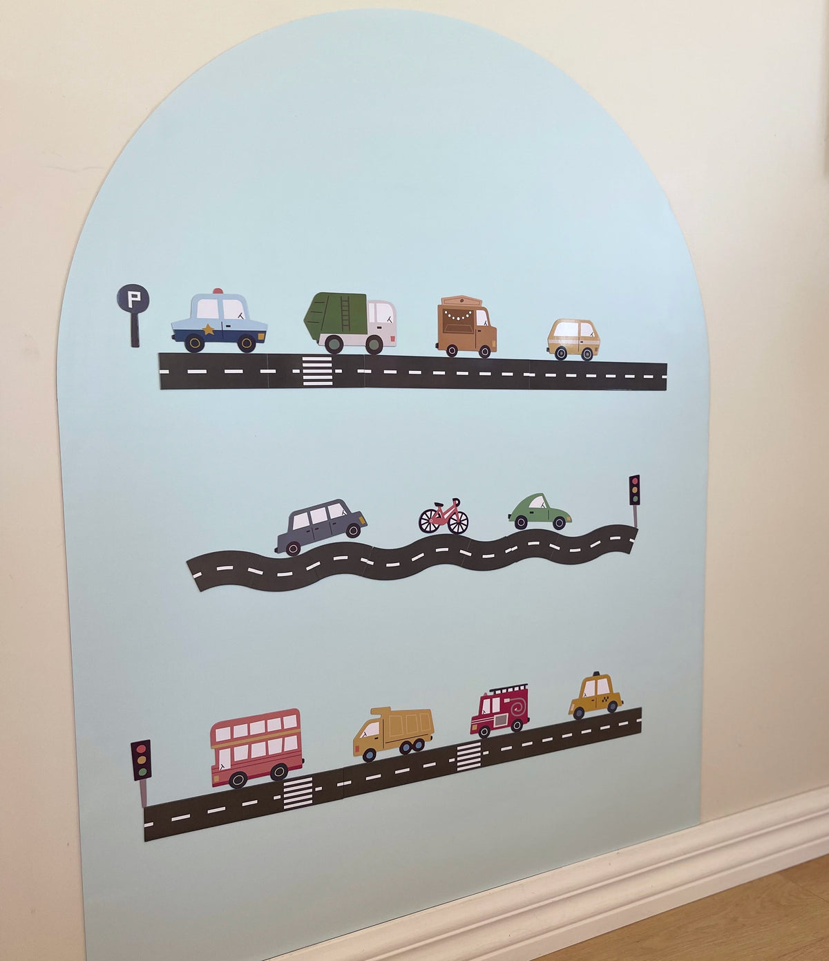 MagMe magnetic wall decal in Sky Blue with magnetic tile cars