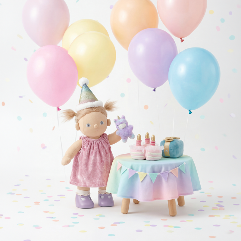 Dinkum Doll in Happy Birthday Set with cake and unicorn