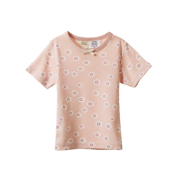 Nature Baby Shortie Pyjama Set in Flora Stamp Rose Dust Print organic cotton