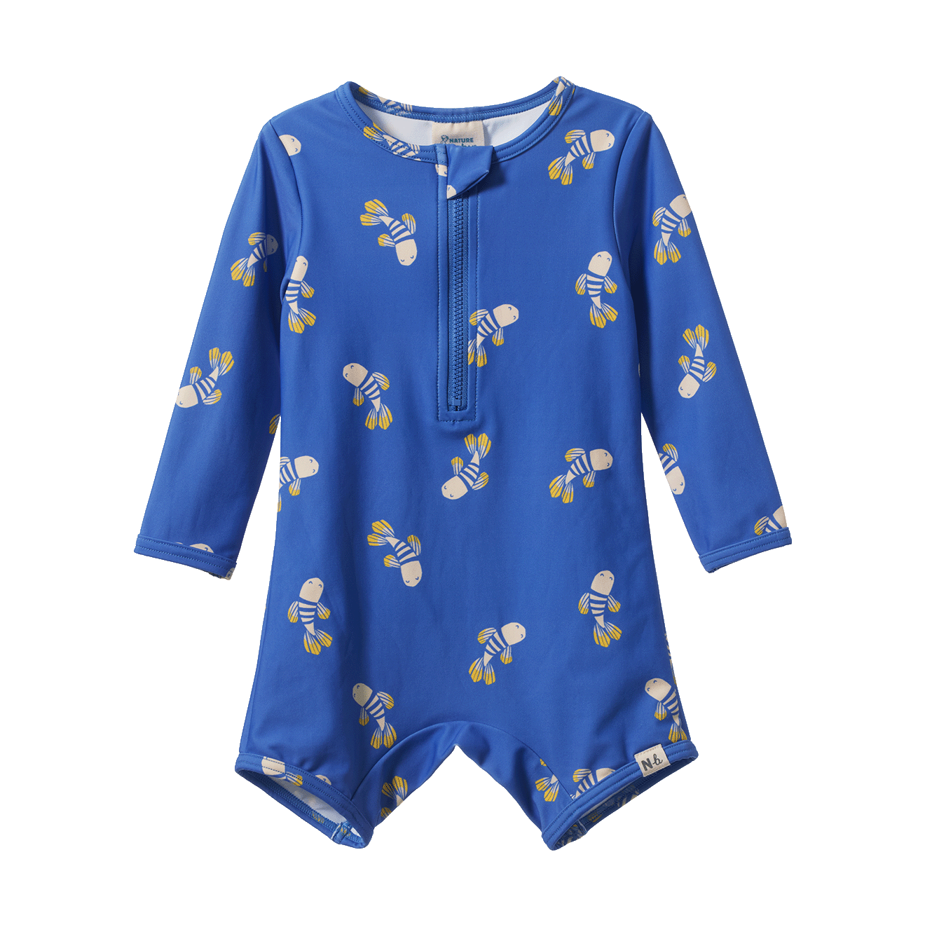 One Piece Bathing Trunks in Fish Fable Blue Print, front view