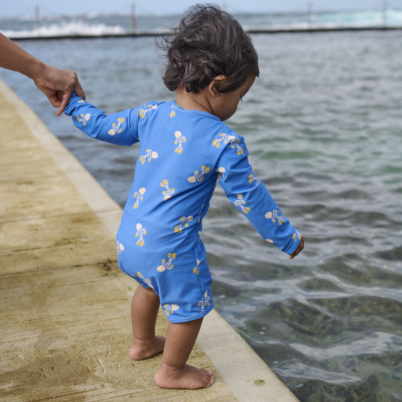 One Piece Bathing Trunks in Fish Fable Blue Print detail