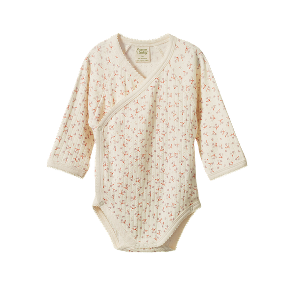 Nature Baby Long Sleeve Kimono Pointelle Bodysuit in Dandelion Print