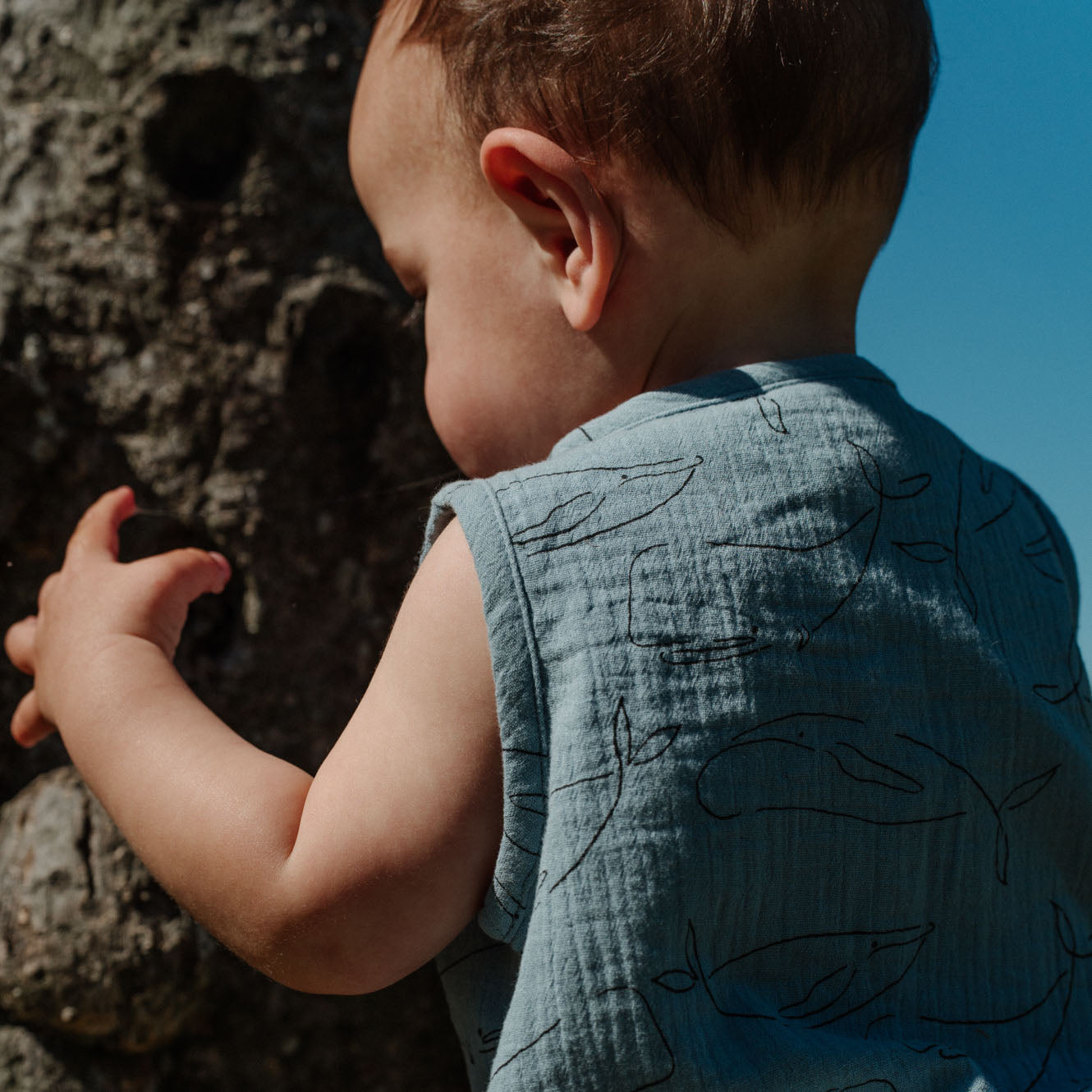 Nature baby blue whale cedar muslin suit