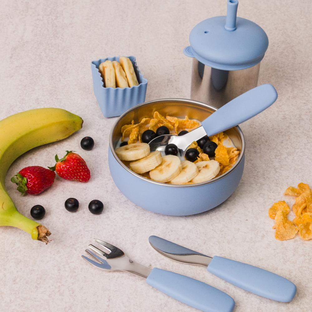 nestling toddler dinnerware in dusty blue