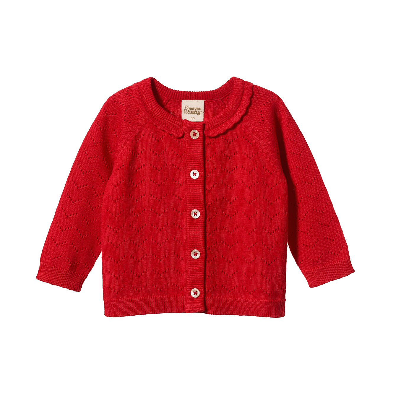 Piper Cardigan in Raspberry Red Pointelle, front view