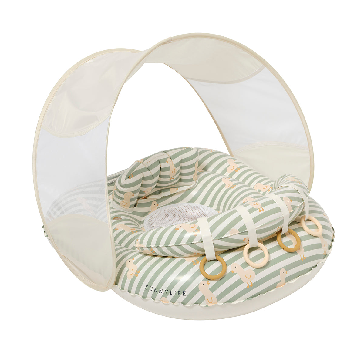 Sunnylife Interactive Baby Float Duck Sage Stripe silicone rings detail
