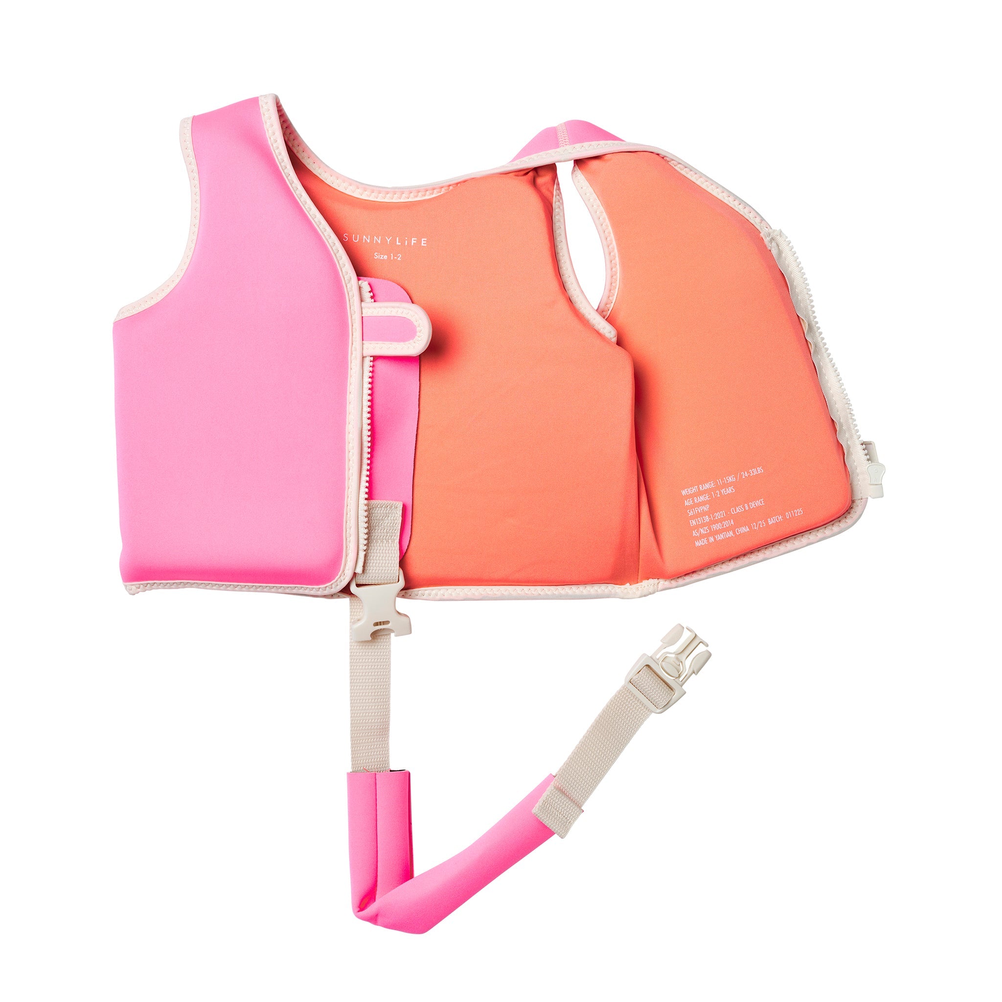Sunnylife Kids Swim Vest Poppy the Peach Neon Pink zip detail