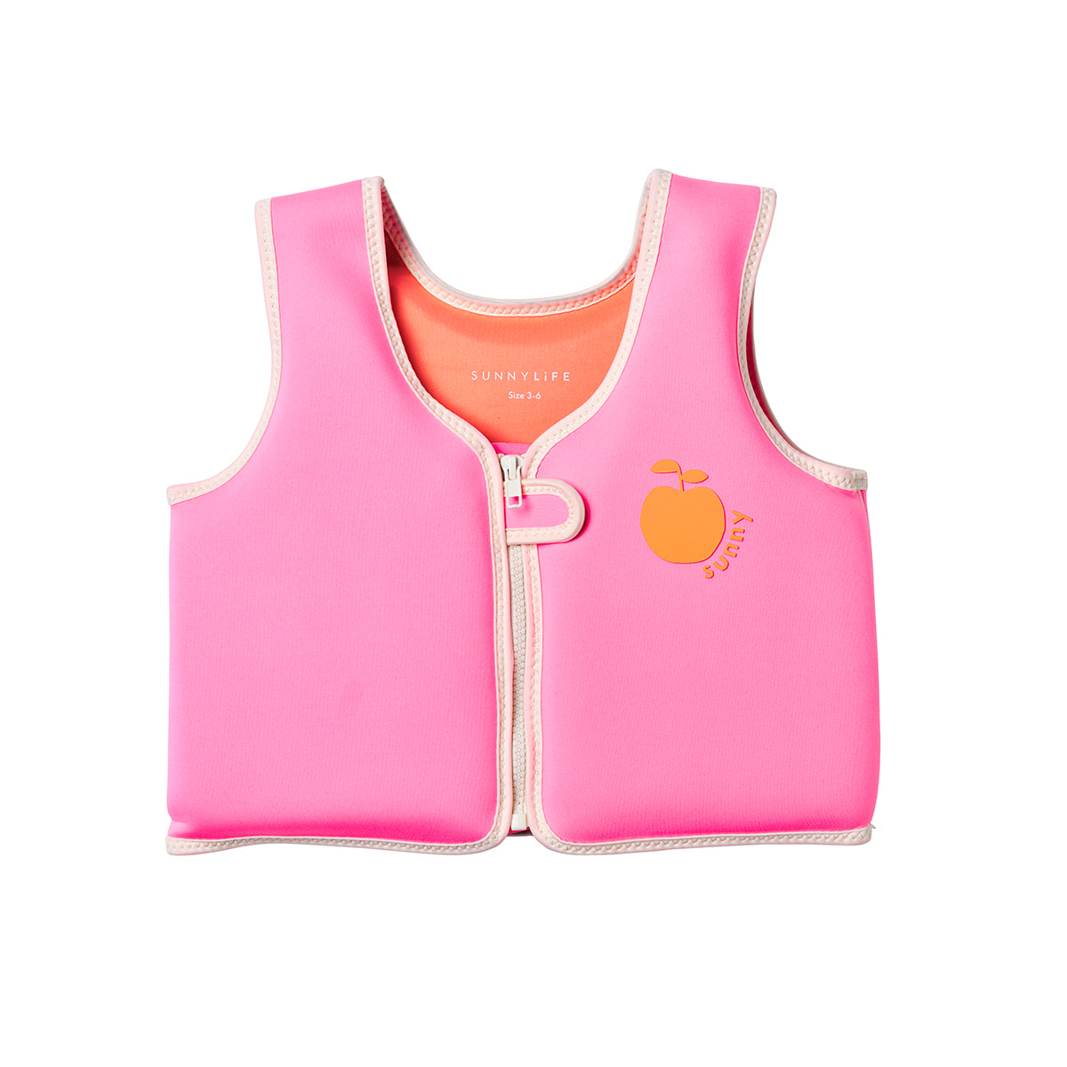 Sunnylife Kids Swim Vest Poppy the Peach Neon Pink size 3-6 front view with centre zip