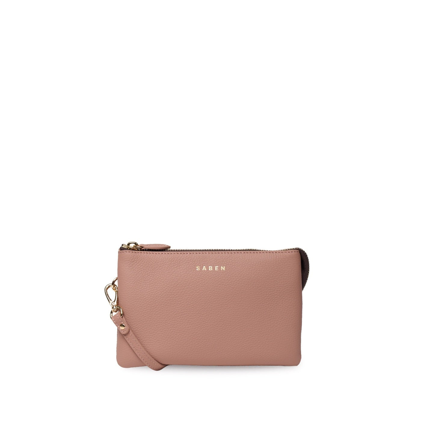 A dusty pink leather clutch bag with a top zipper, a matching wristlet strap, and gold-tone hardware, featuring the brand name 'DAREN' printed in gold on the front, set against a plain white background.