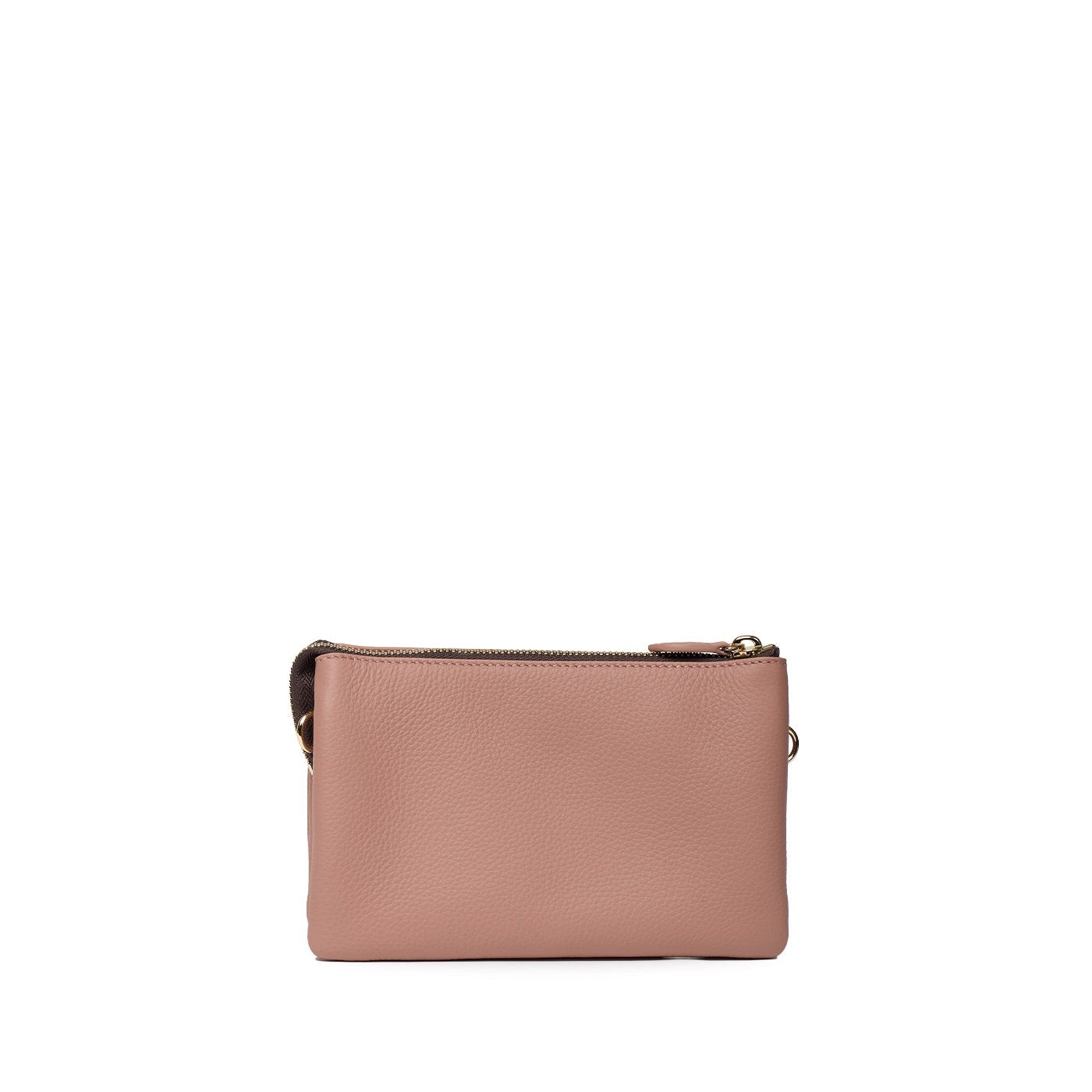 A dusty pink leather clutch bag with a top zipper closure and a small gold-tone metal accent, shown against a plain white background.