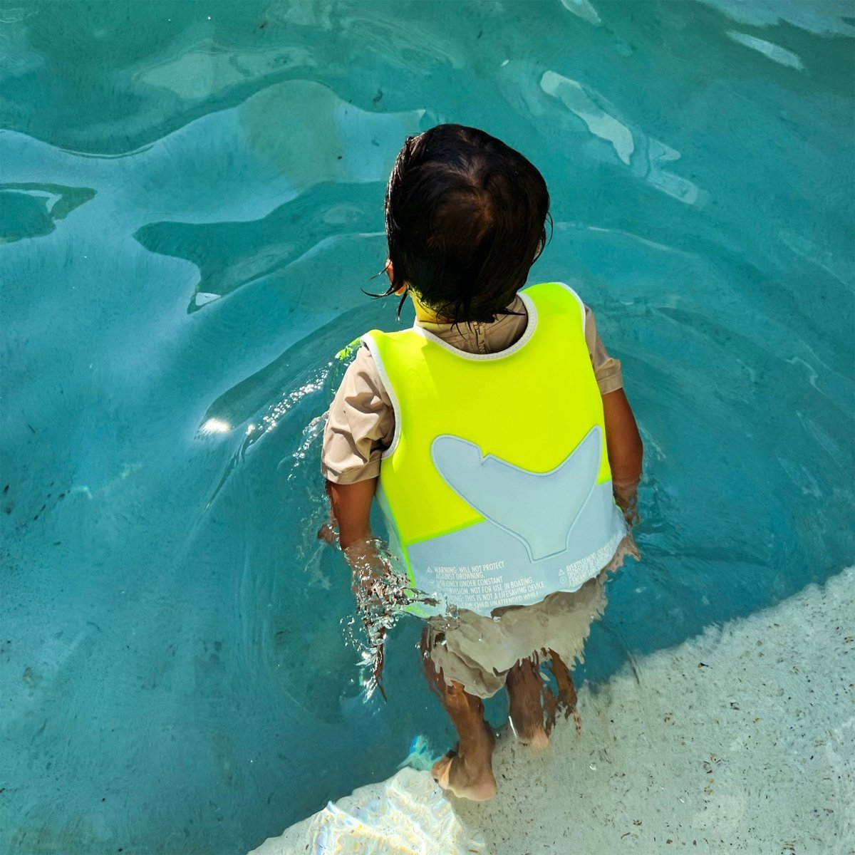 Kids Swim Vest Salty the Shark Aqua Neon in the water