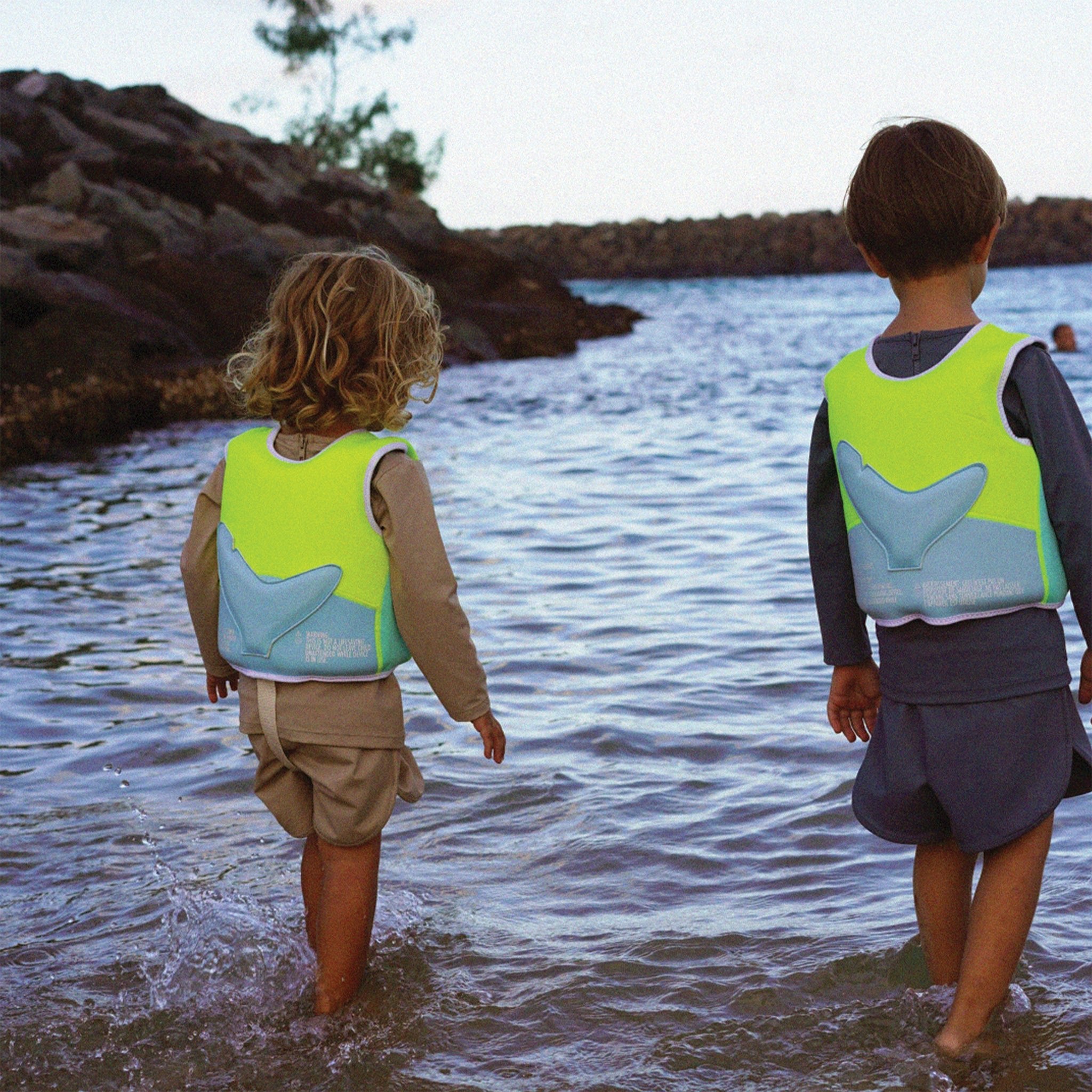 Kids Swim Vest Salty the Shark Aqua Neon at the beach