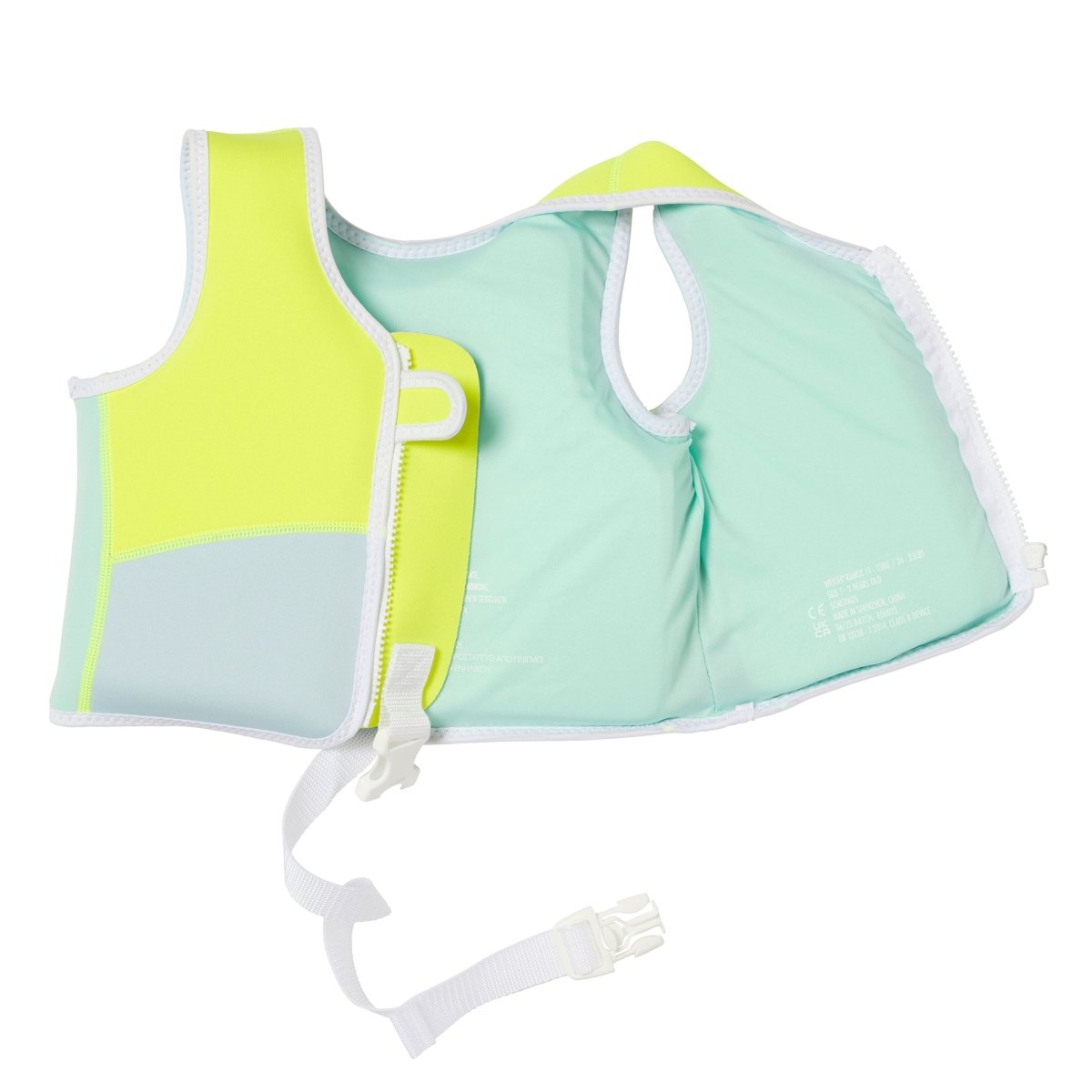 Sunnylife Kids Swim Vest Salty the Shark Aqua Neon back view with 3D shark tail