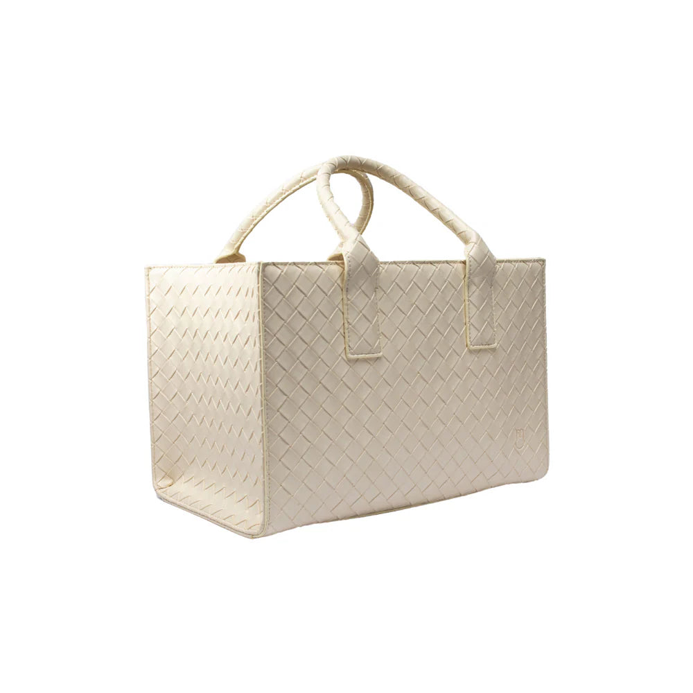 Beige woven tote bag on a white background