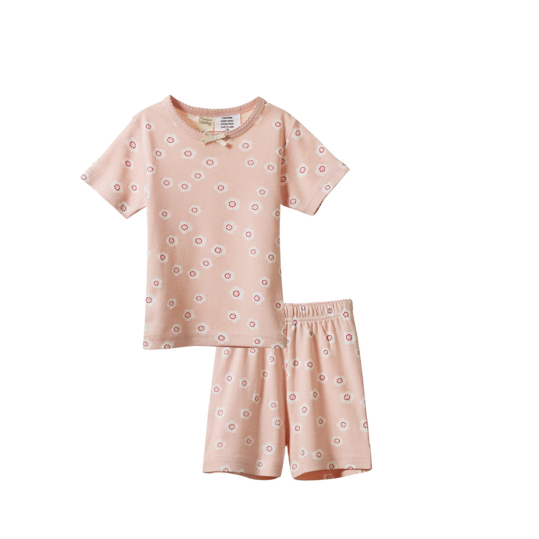 Nature Baby Shortie Pyjama Set in Flora Stamp Rose Dust Print, set view