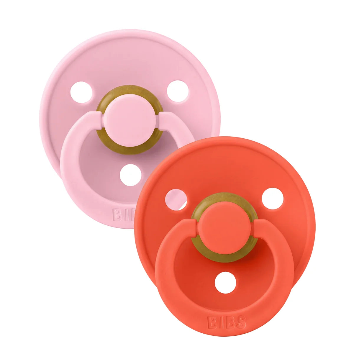 bibs round colour glow pacifiers in baby pink and tango