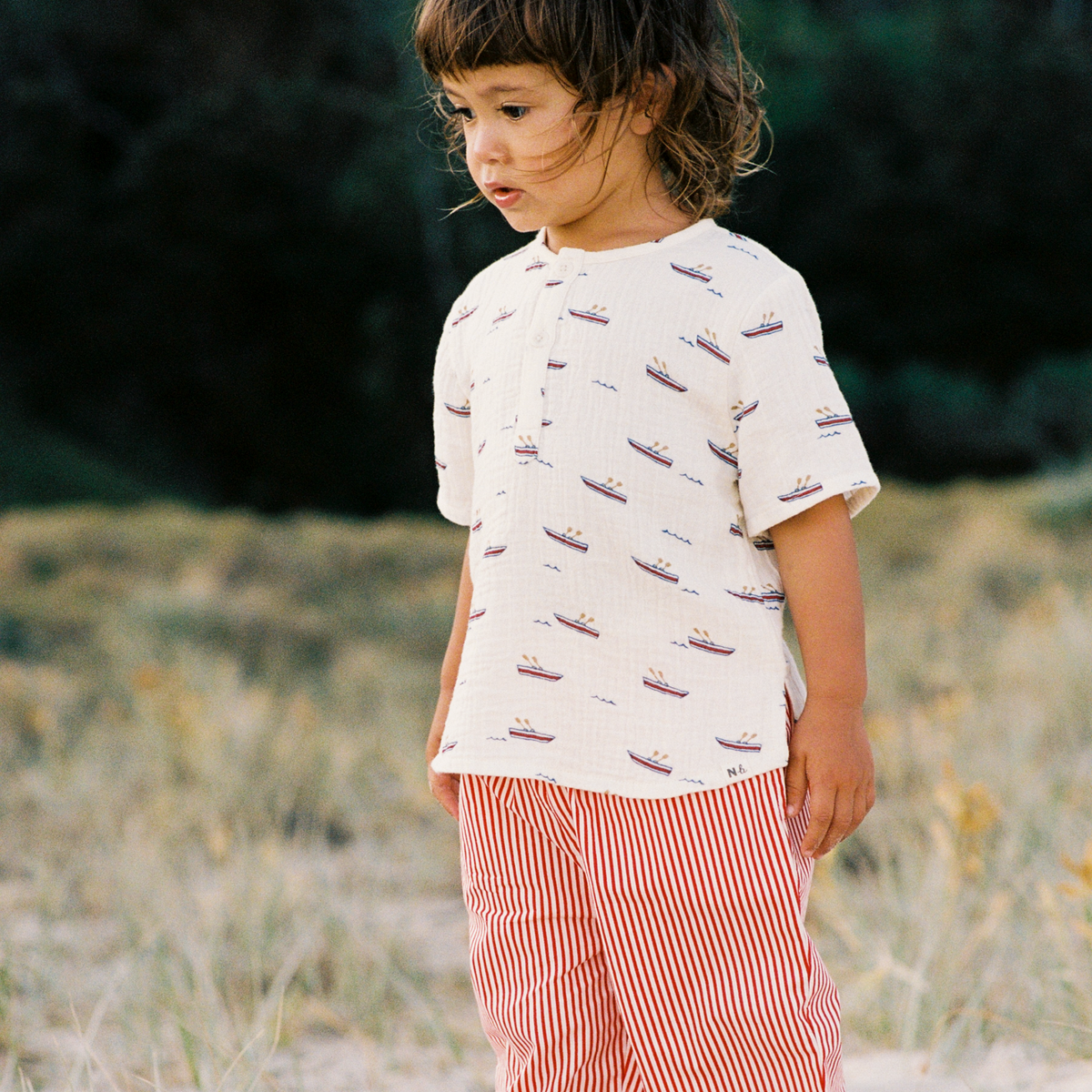 Caravan Shirt Muslin in Row Boats Print worn by child