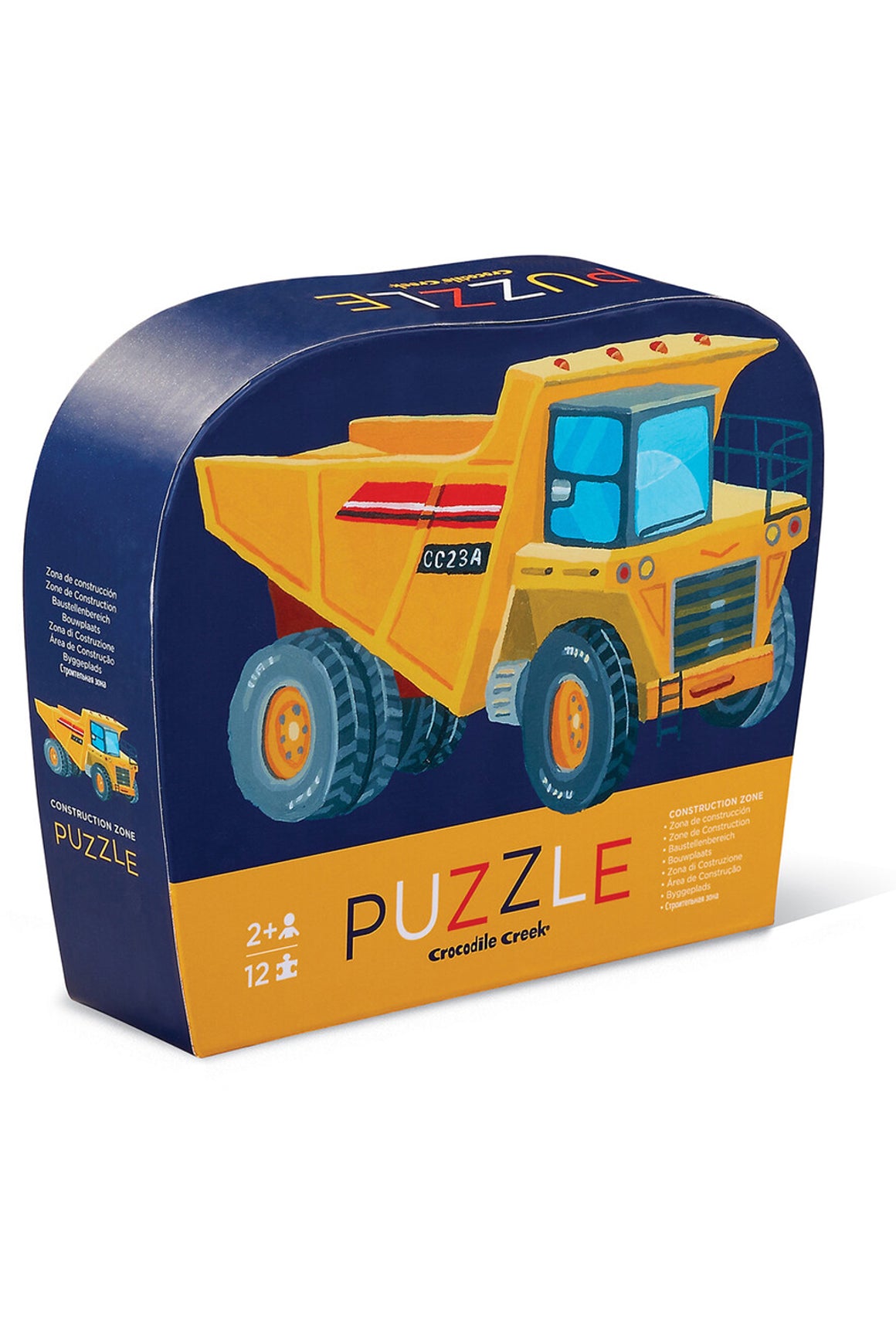 Dump truck puzzle packaging with blue and orange design on a white background