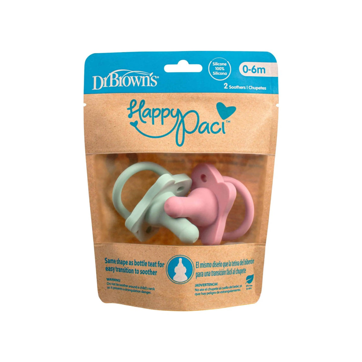 Dr Brown's HappyPaci Silicone Soother 2 Pack Pink and Green packaging