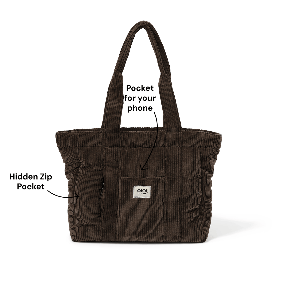 OiOi Everyday Tote pocket detail, showing the phone pocket and hidden zip pocket