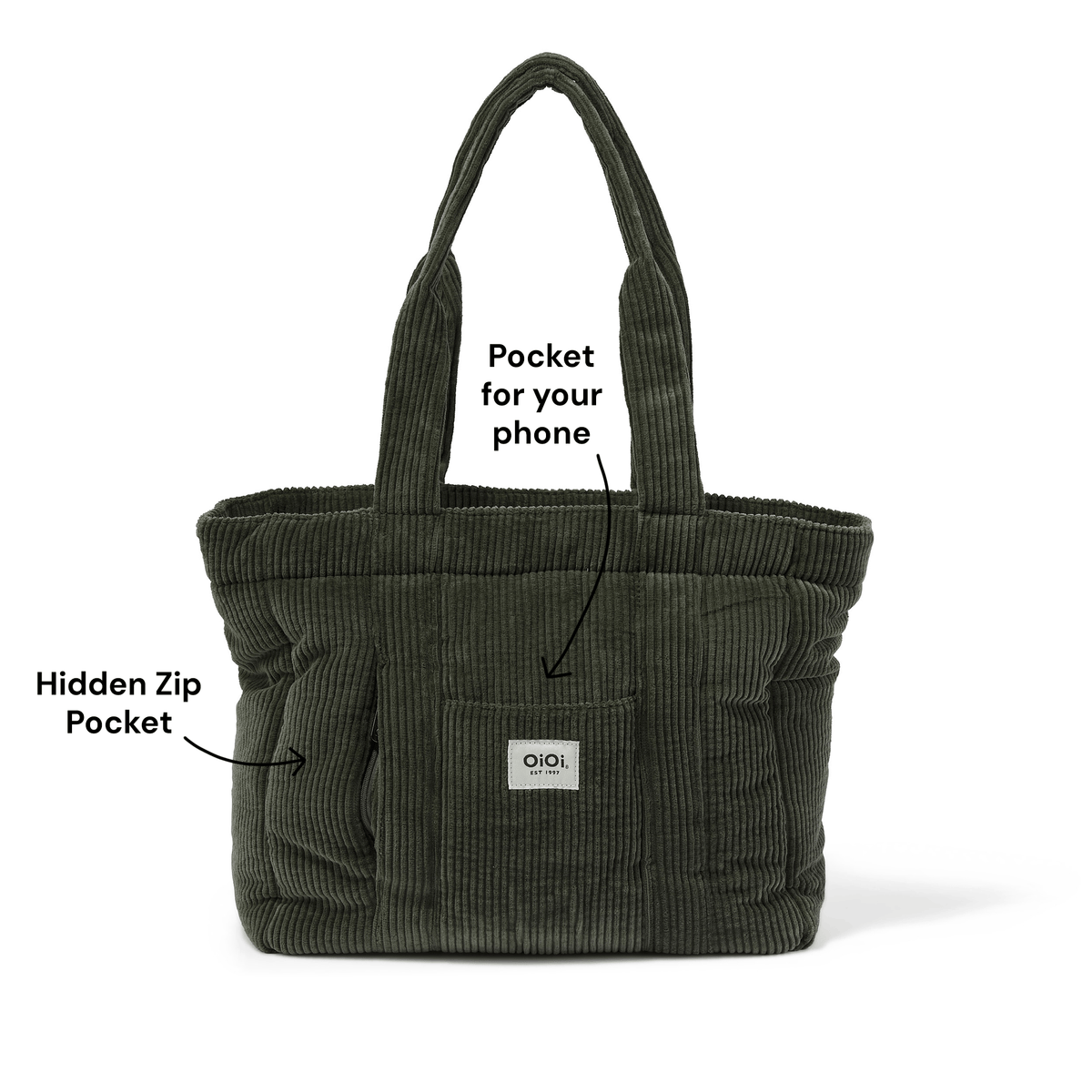 OiOi Everyday Tote moss green pocket detail
