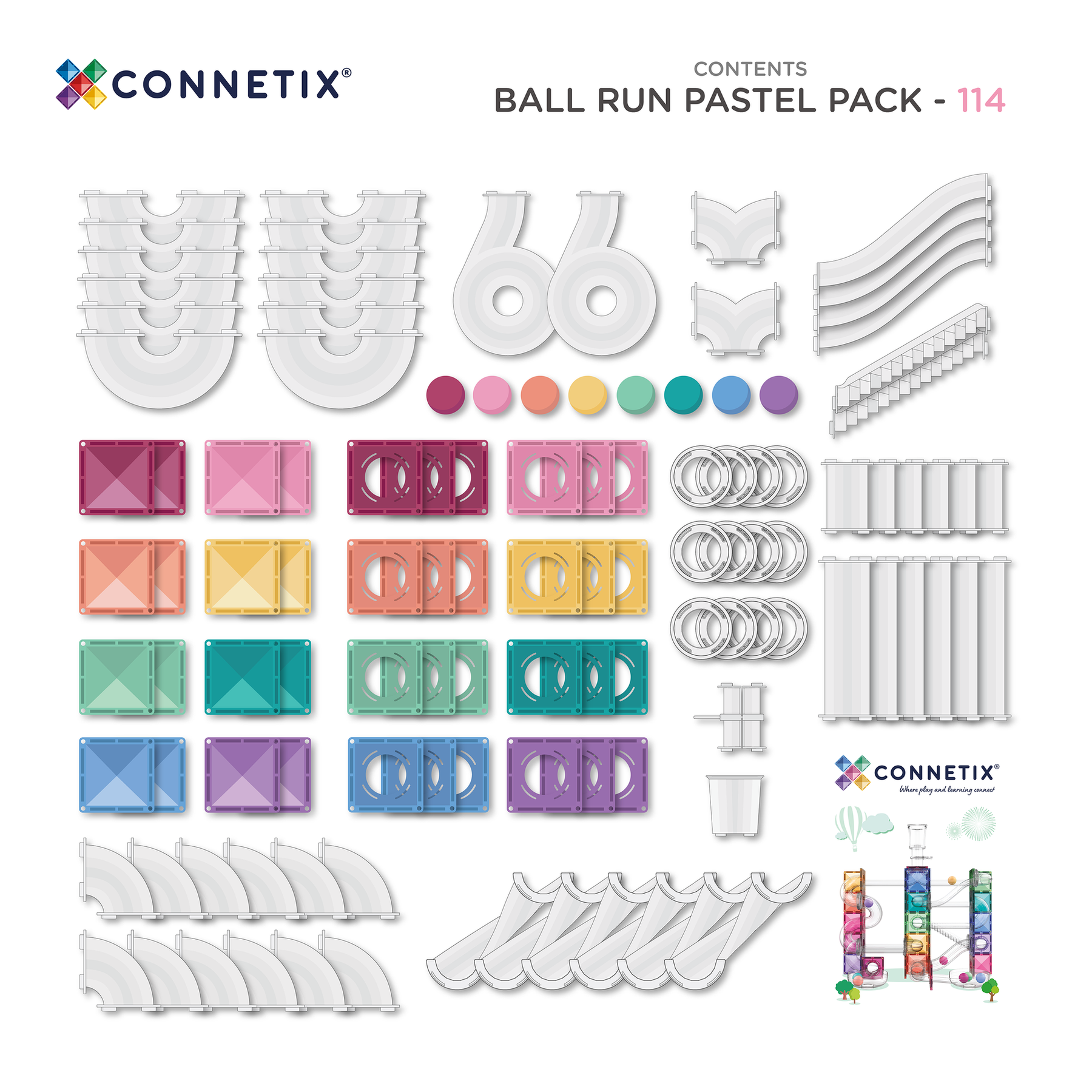 Connetix Pastel 114 Piece Ball Run full contents layout