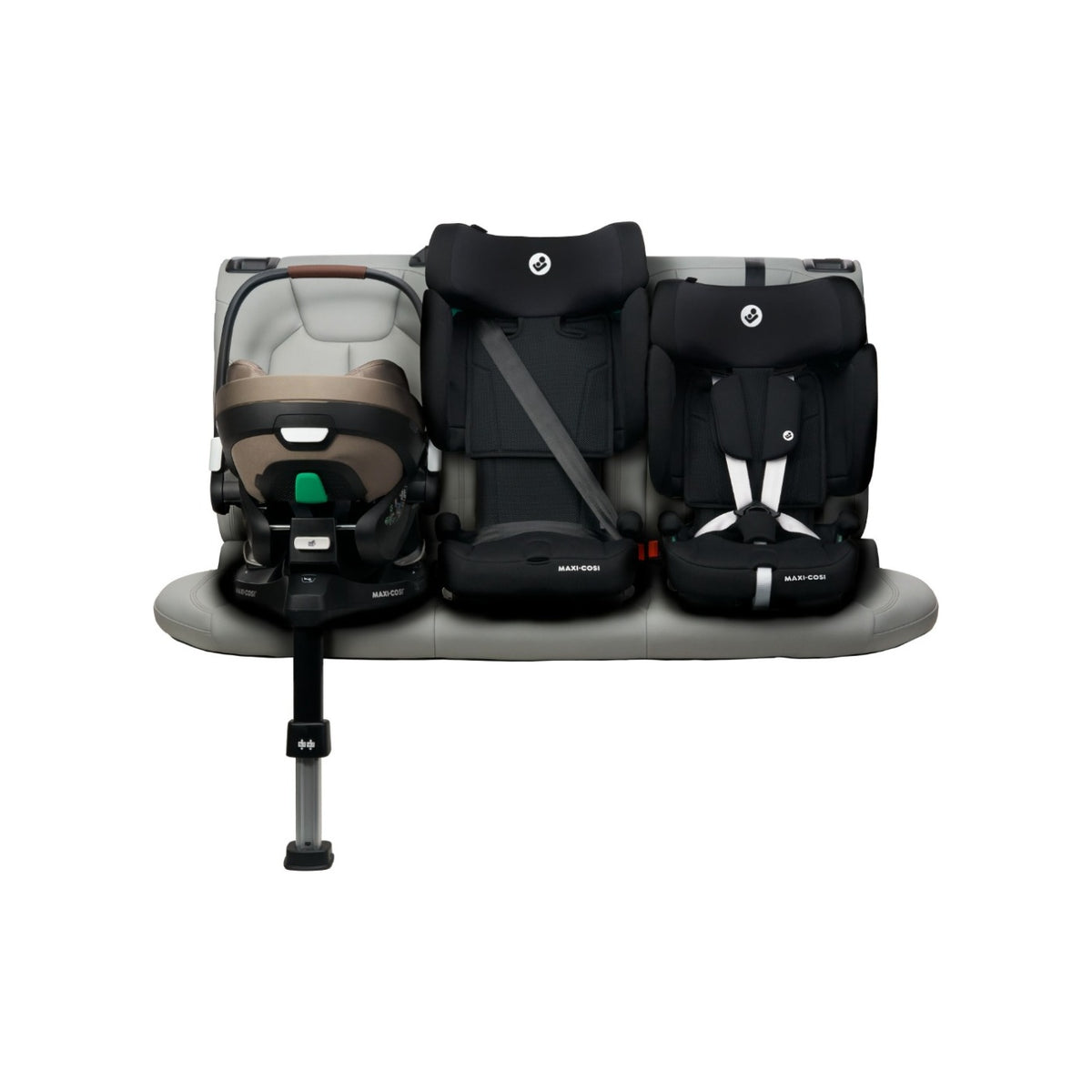 Three Maxi Cosi car seats fitted side by side across a back seat