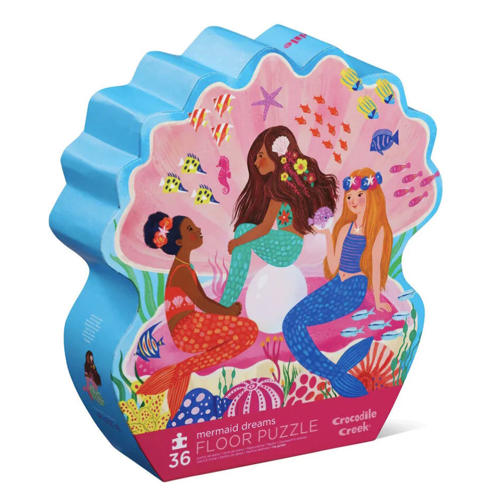 Mermaid-themed floor puzzle packaging with colorful mermaids and sea creatures on a white background.