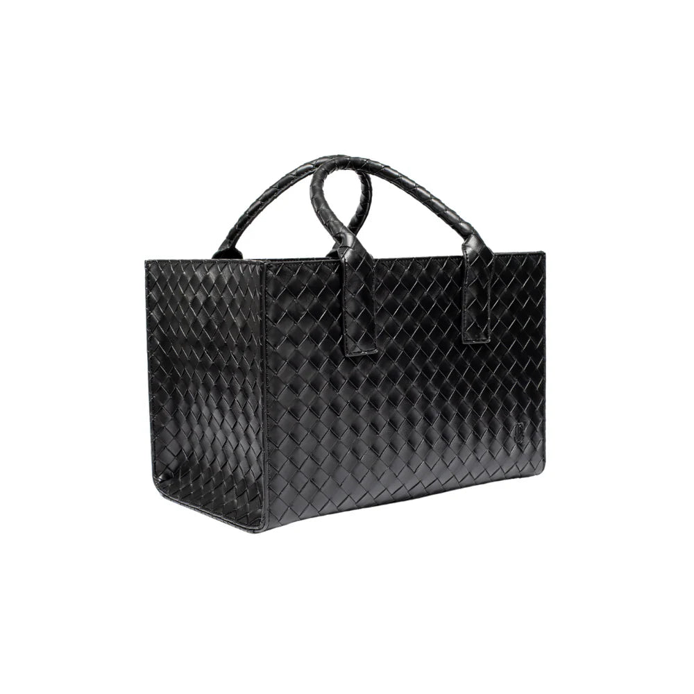 Black woven handbag on a white background