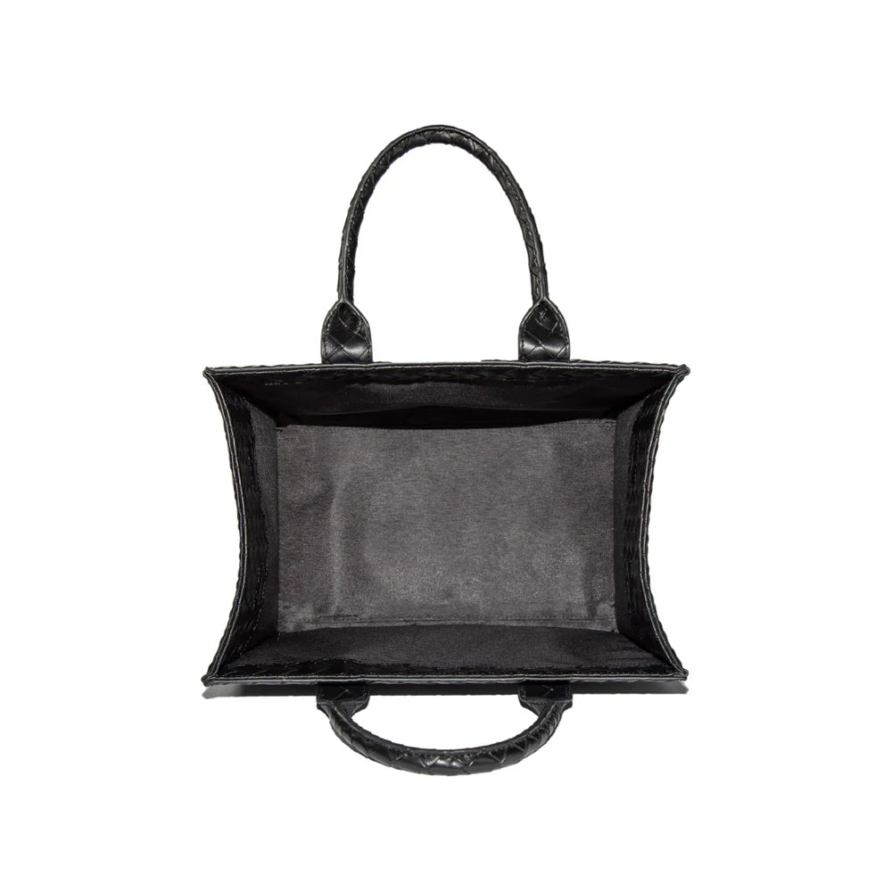 Black handbag with a unique design on a white background