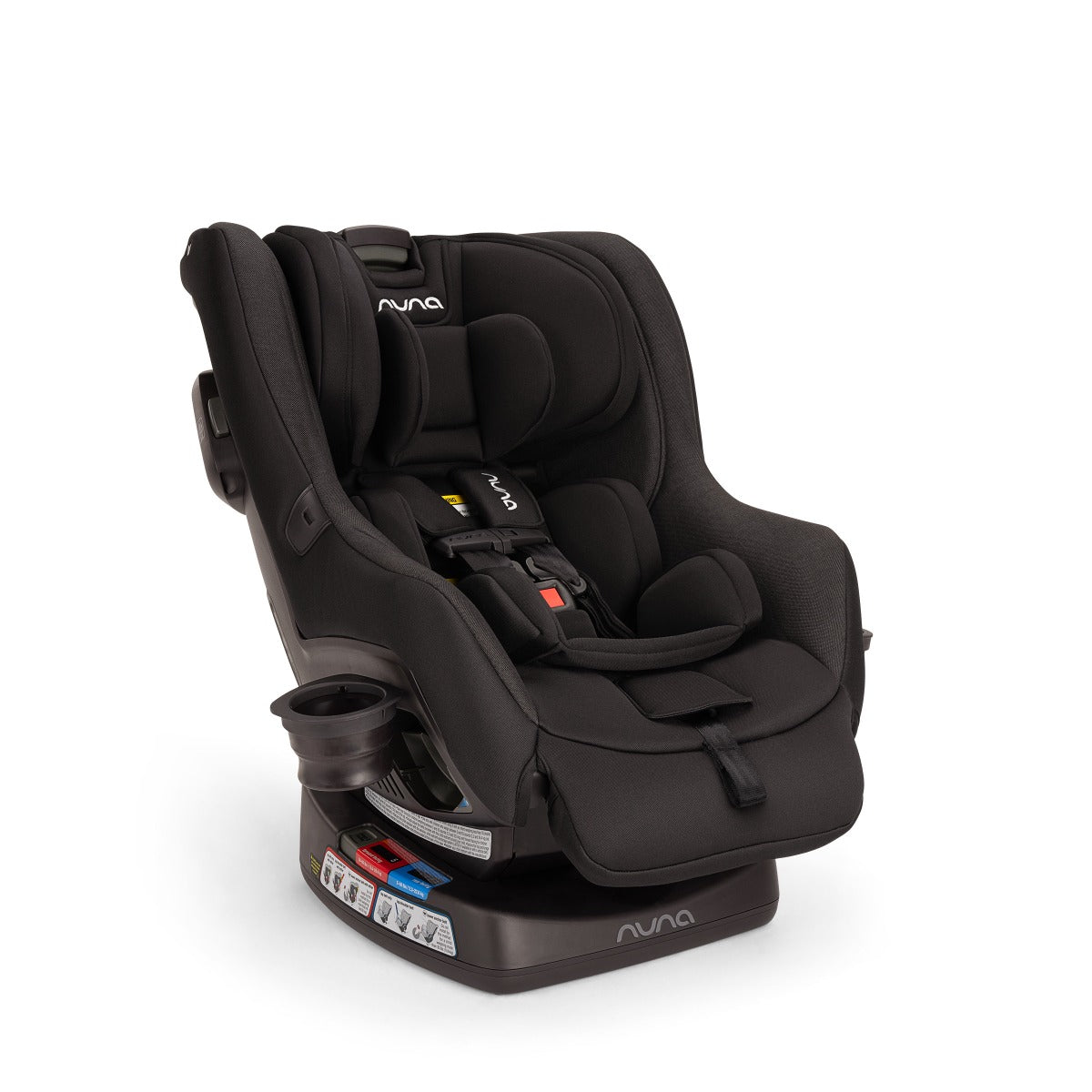 Nuna RAVA car seat in Caviar, angled view showing cup holder