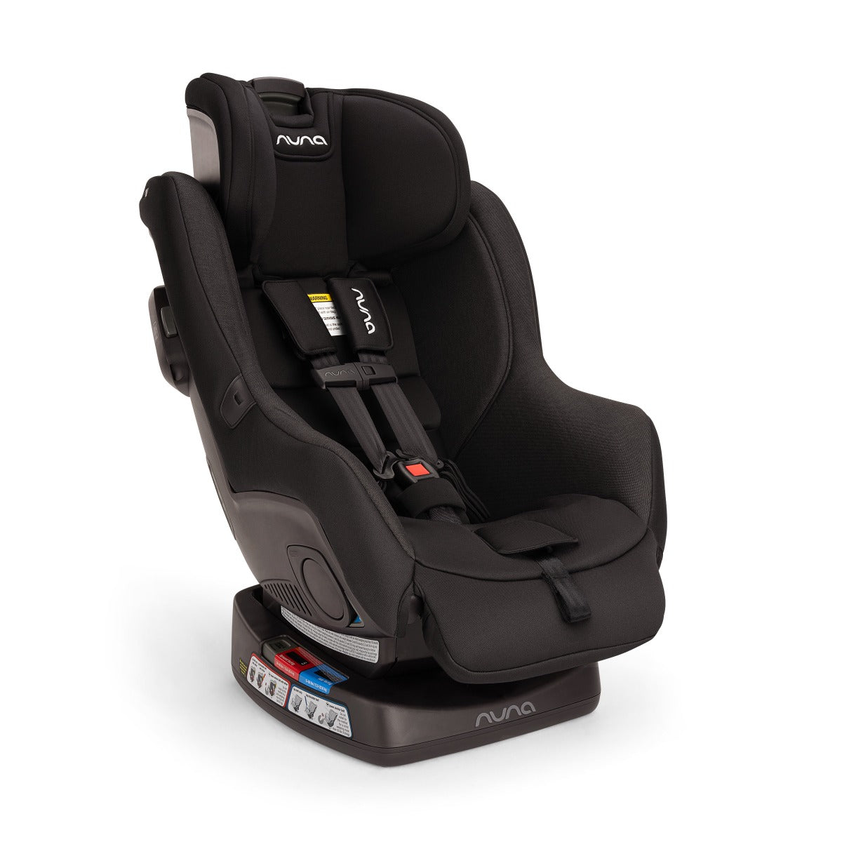 Nuna RAVA car seat in Caviar with newborn insert, angled view