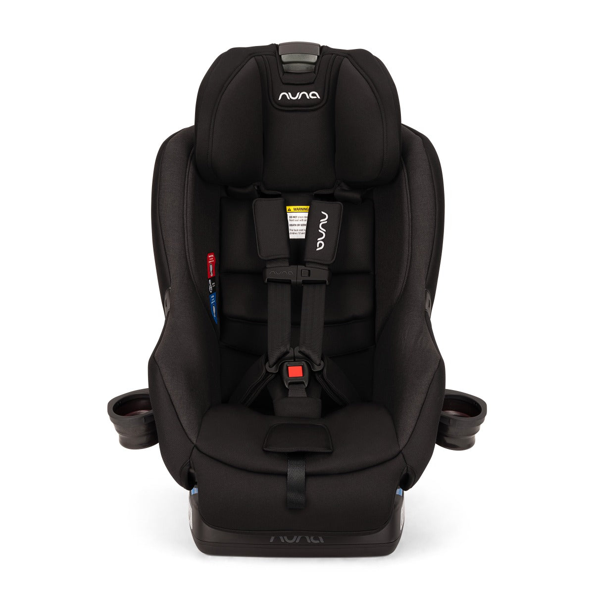 Nuna RAVA car seat in Caviar, front view with headrest raised and cup holders out