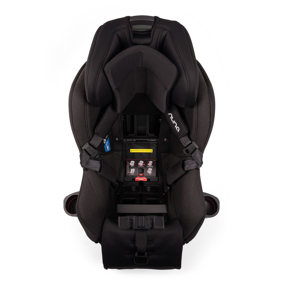 Nuna RAVA car seat in Caviar, overhead view of the seat and harness