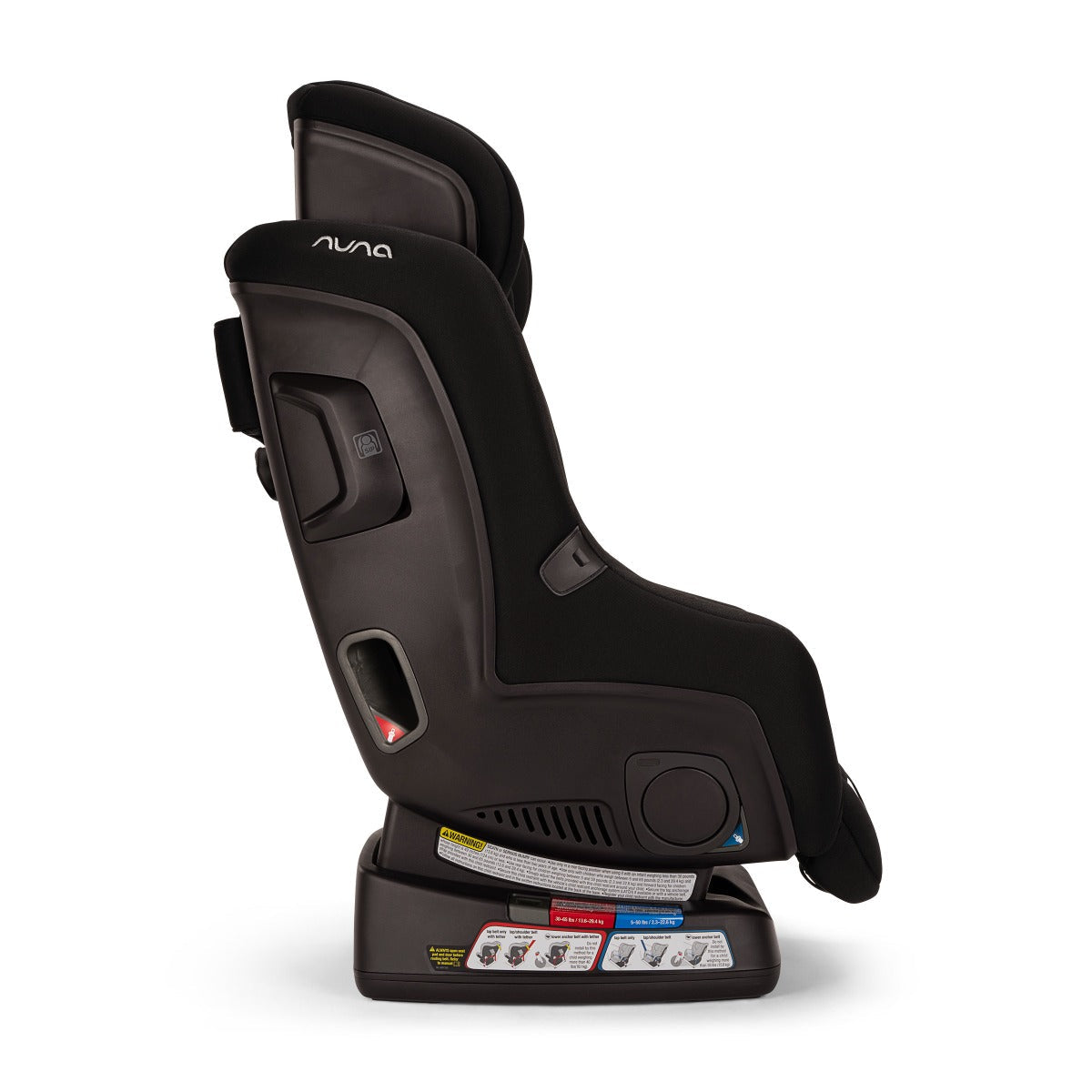 Nuna RAVA car seat in Caviar, side profile in forward facing mode with headrest raised