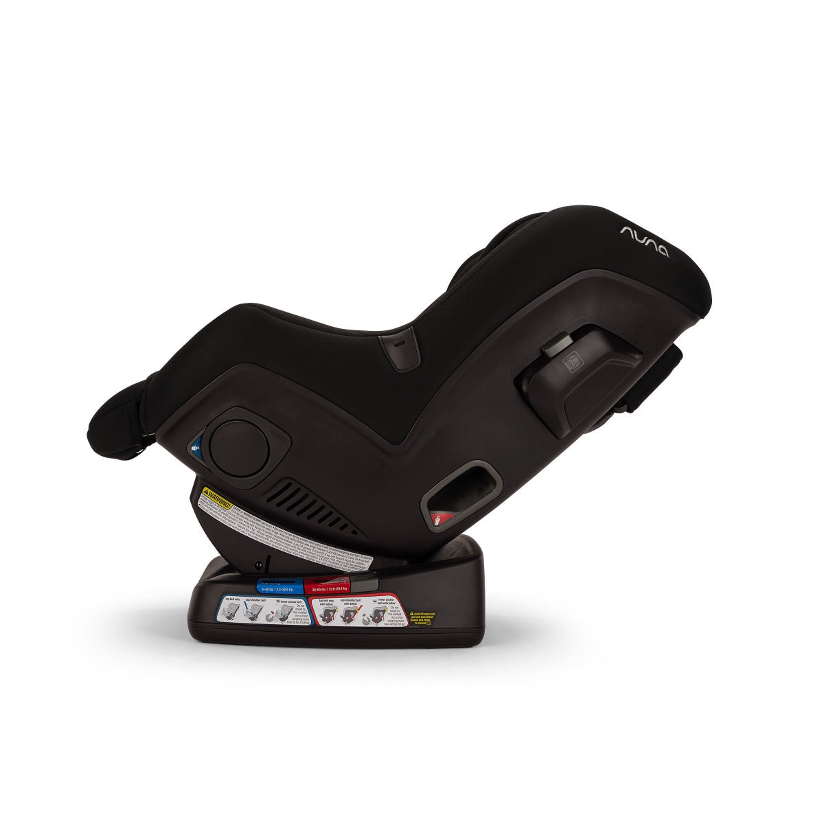 Nuna RAVA car seat in Caviar, side profile in rear facing recline