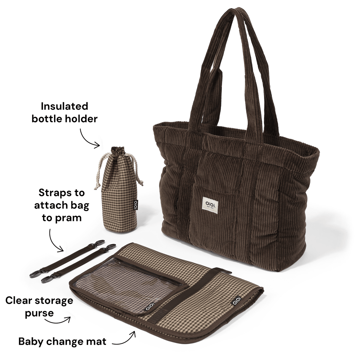 OiOi Everyday Tote with included change mat, insulated bottle holder, clear purse and stroller straps