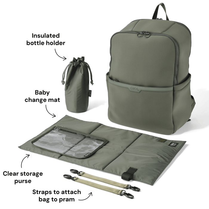 oioi multitasker nappy backpack in sage neoprene