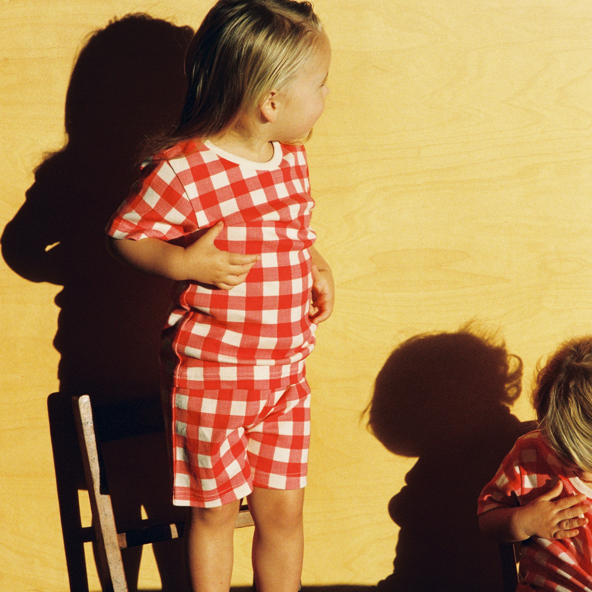 Shortie Pyjama Set in Red Crispin Check worn by child