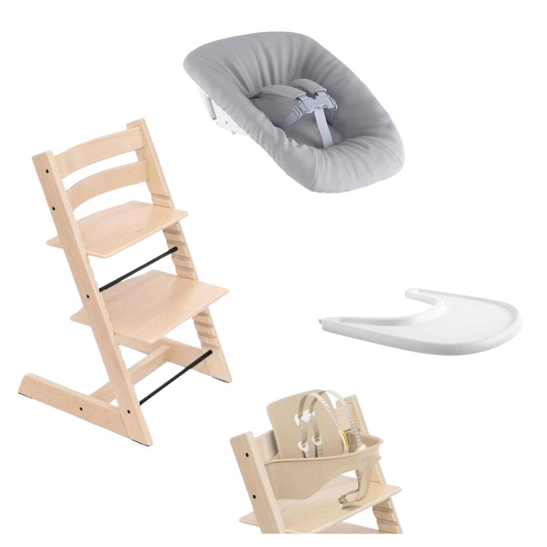 Stokke Tripp Trapp Newborn Set Bundle in Natural with Natural Baby Set and White Tray